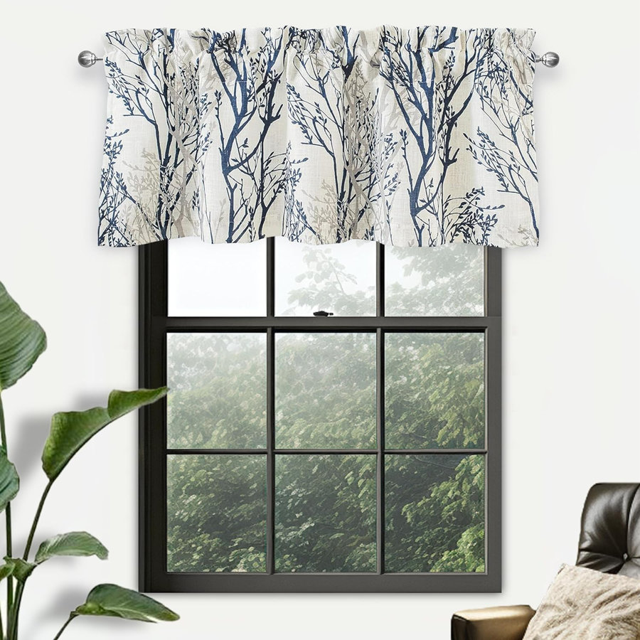 Tree Branch Linen Blend Abstract Ink Printing Lined Thermal Insulated Window Curtain Valance Rod Pocket